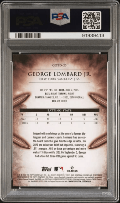 Graded 2024 Topps Bowman George Lombard Jr #BOTD25 Gladiators of the Diamond Rookie RC Baseball Card PSA 10 Gem Mint