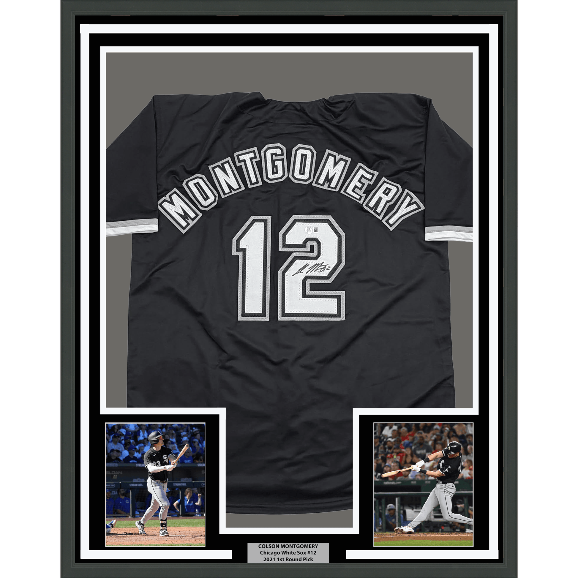 Framed Autographed/Signed Colson Montgomery 35x39 Chicago Black Baseball Jersey Beckett BAS COA