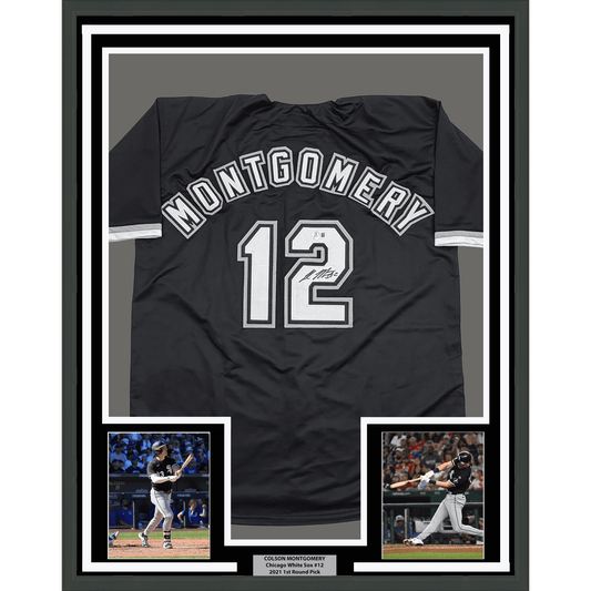 Framed Autographed/Signed Colson Montgomery 35x39 Chicago Black Baseball Jersey Beckett BAS COA