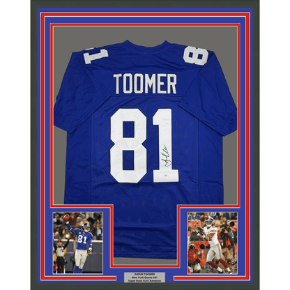 Framed Autographed/Signed Amani Toomer 35x39 New York Blue Football Jersey PSA/DNA COA