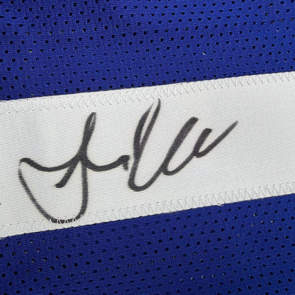 Framed Autographed/Signed Amani Toomer 35x39 New York Blue Football Jersey PSA/DNA COA