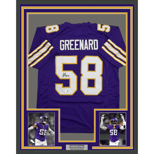 Framed Autographed/Signed Jonathan Greenard 35x39 Minnesota Purple Retro Football Jersey Beckett BAS COA