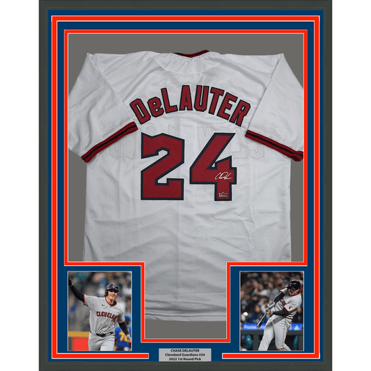 Framed Facsimile Autographed Chase DeLauter 35x39 Cleveland White Reprint Laser Auto Baseball Jersey Size Men's XL