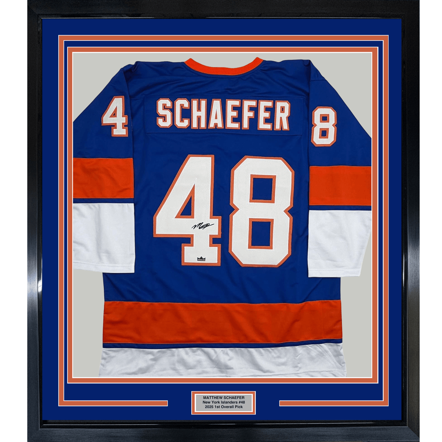 Framed Facsimile Autographed Matthew Schaefer 35x39 New York Blue Reprint Laser Auto Hockey Jersey Size Men's XL