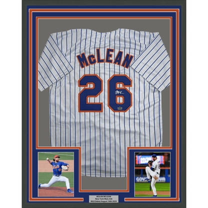 Framed Facsimile Autographed Nolan McLean 35x39 New York Pinstripe Reprint Laser Auto Baseball Jersey Size Men's XL