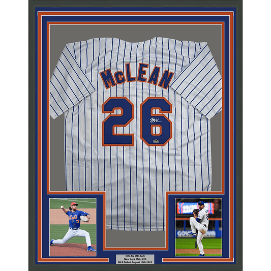 Framed Facsimile Autographed Nolan McLean 35x39 New York Pinstripe Reprint Laser Auto Baseball Jersey Size Men's XL