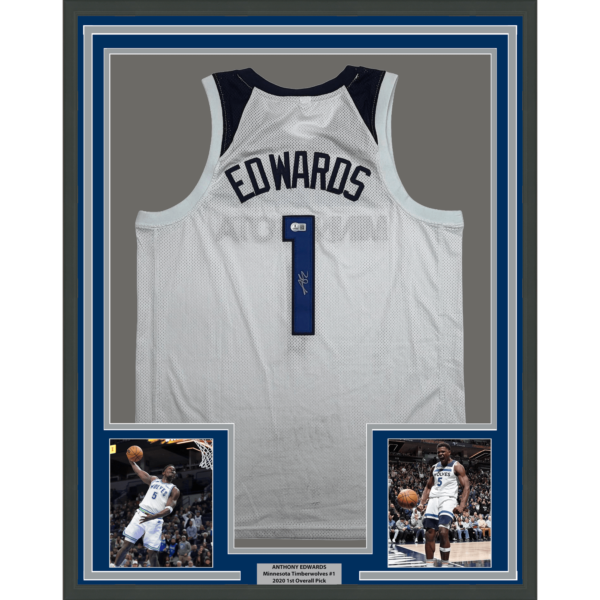 Framed Autographed/Signed Anthony Edwards 35x39 Minnesota White #1 Basketball Jersey Beckett BAS COA