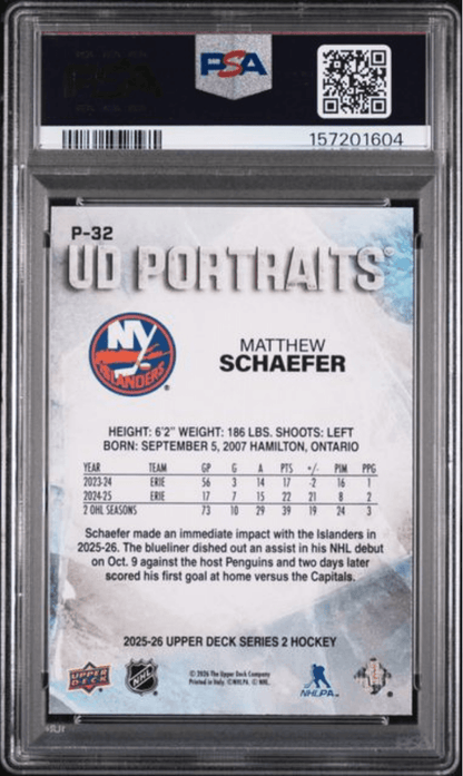 Graded 2025 Upper Deck Matthew Schaeffer #P32 UD Portraits Rookie RC Hockey Card PSA 10 Gem Mint