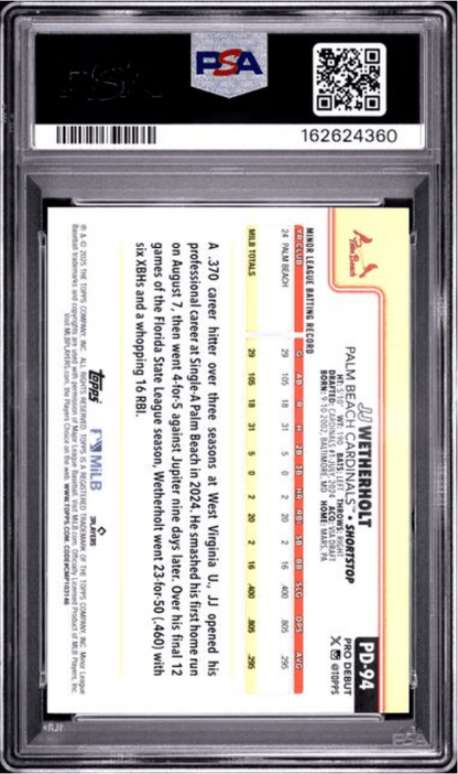 Graded 2025 Topps Pro Debut JJ Wetherholt #94 Rookie RC Baseball Card PSA 10 Gem Mint