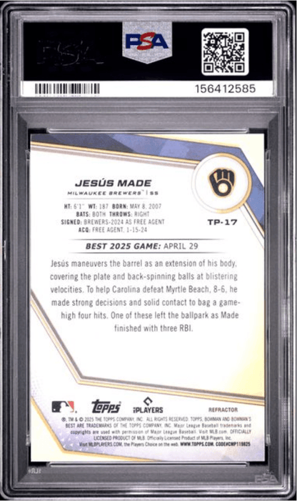 Graded 2025 Topps Bowmans Best Jesus Made #TP17 Top Prospects Refractor Rookie RC Baseball Card PSA 10 Gem Mint