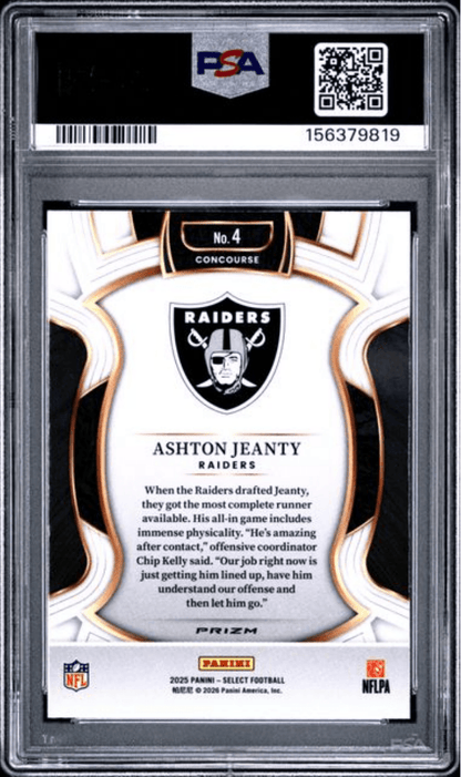 Graded 2025 Panini Select Ashton Jeanty #4 Green & Yellow Shock Rookie RC Football Card PSA 10 Gem Mint