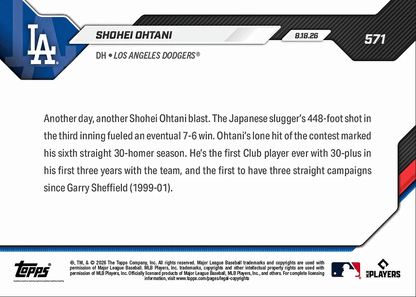 2026 Topps Now Shohei Ohtani #571 6th Straight 30-HR Season on 448 Foot Shot Los Angeles Dodgers Baseball Card