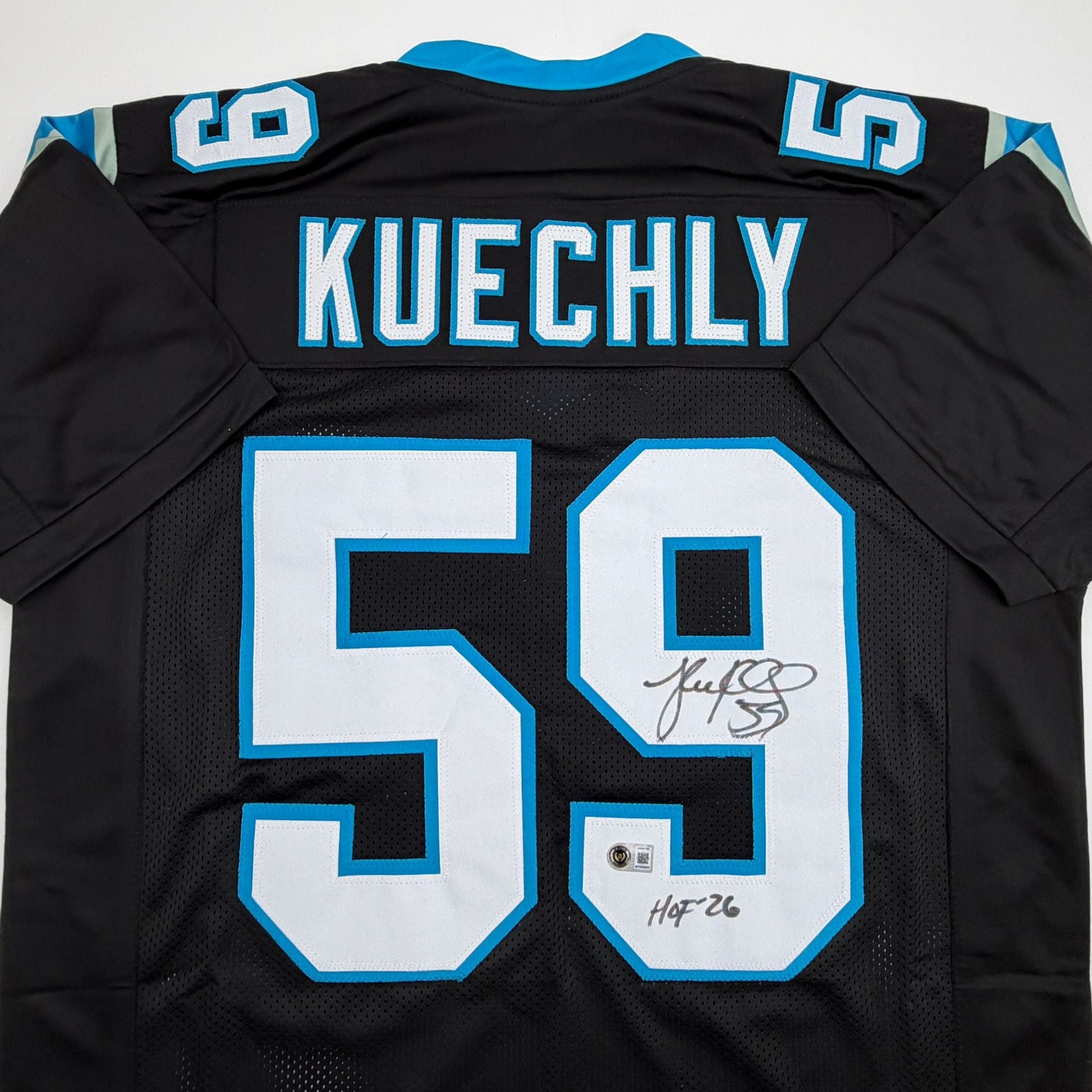 Autographed/Signed Luke Kuechly HOF 26 Carolina Black Football Jersey Beckett BAS COA