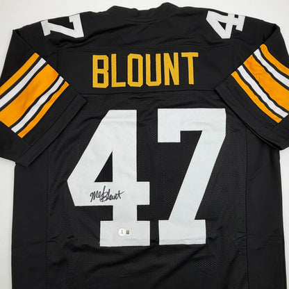 Autographed/Signed Mel Blount Pittsburgh Black Football Jersey Beckett BAS COA