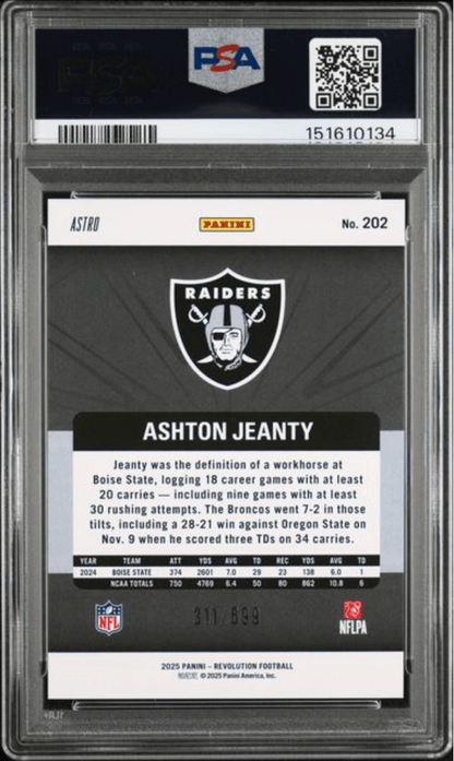Graded 2025 Panini Revolution Ashton Jeanty #202 Green Astro /699 Rookie RC Football Card PSA 10 Gem Mint