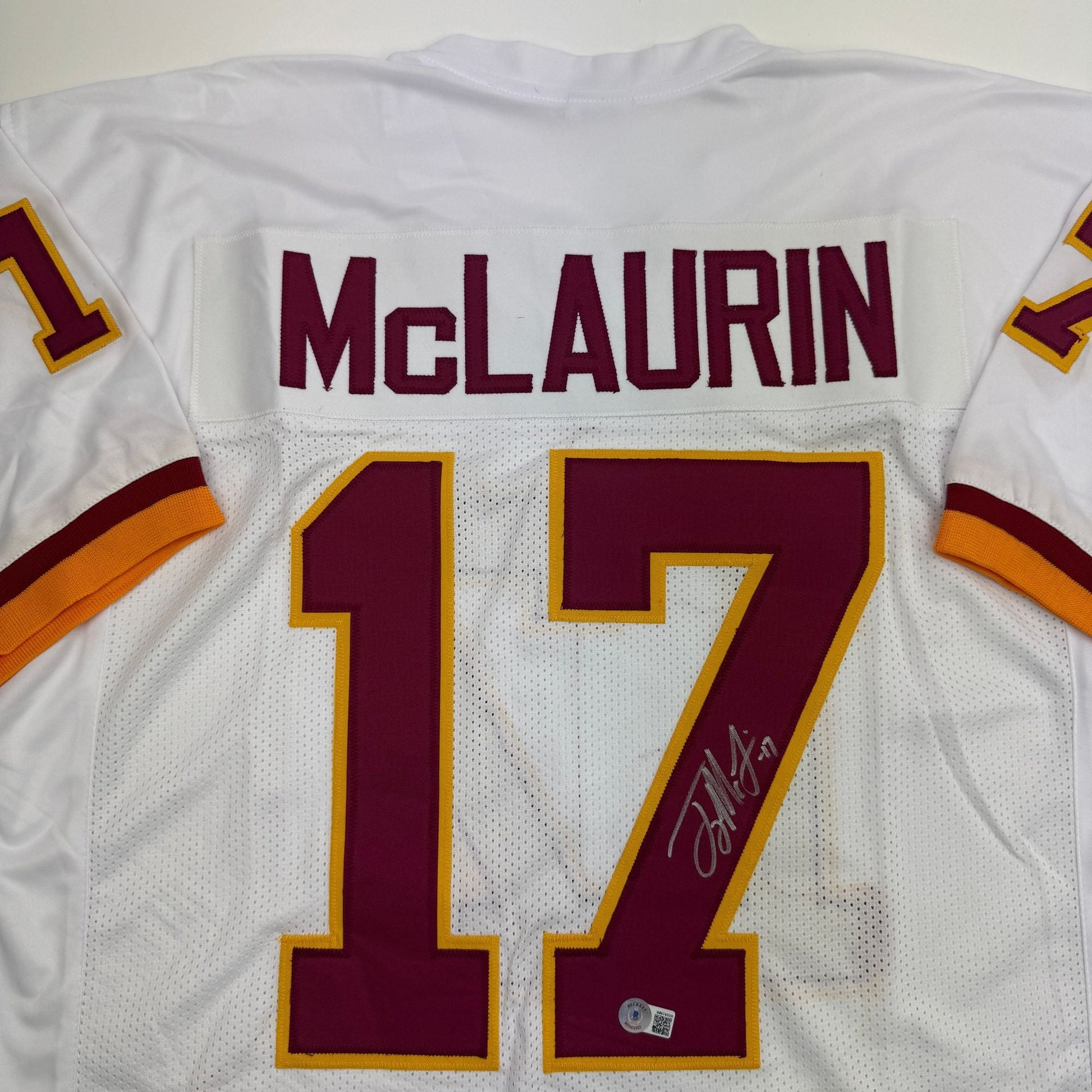Autographed/Signed Terry McLaurin Washington White Retro Football Jersey Beckett BAS COA