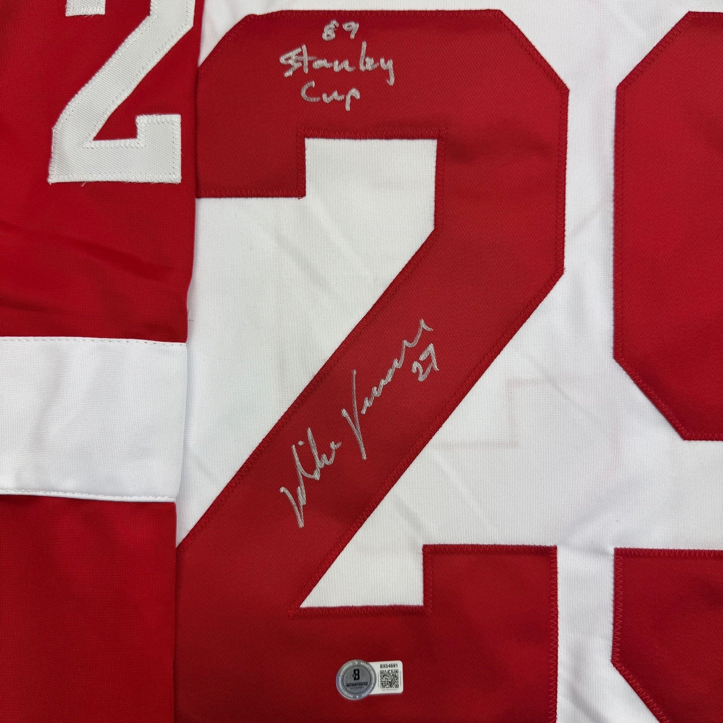 Autographed/Signed Mike Vernon Detroit White Hockey Jersey Beckett BAS COA