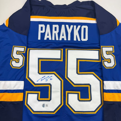 Autographed/Signed Colton Parayko St. Louis Blue Hockey Jersey Beckett BAS COA