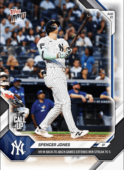 2026 Topps Now Spencer Jones #580 HR in Back to Back Games Extends Win Streak to 5 New York Yankees Rookie RC Baseball Card