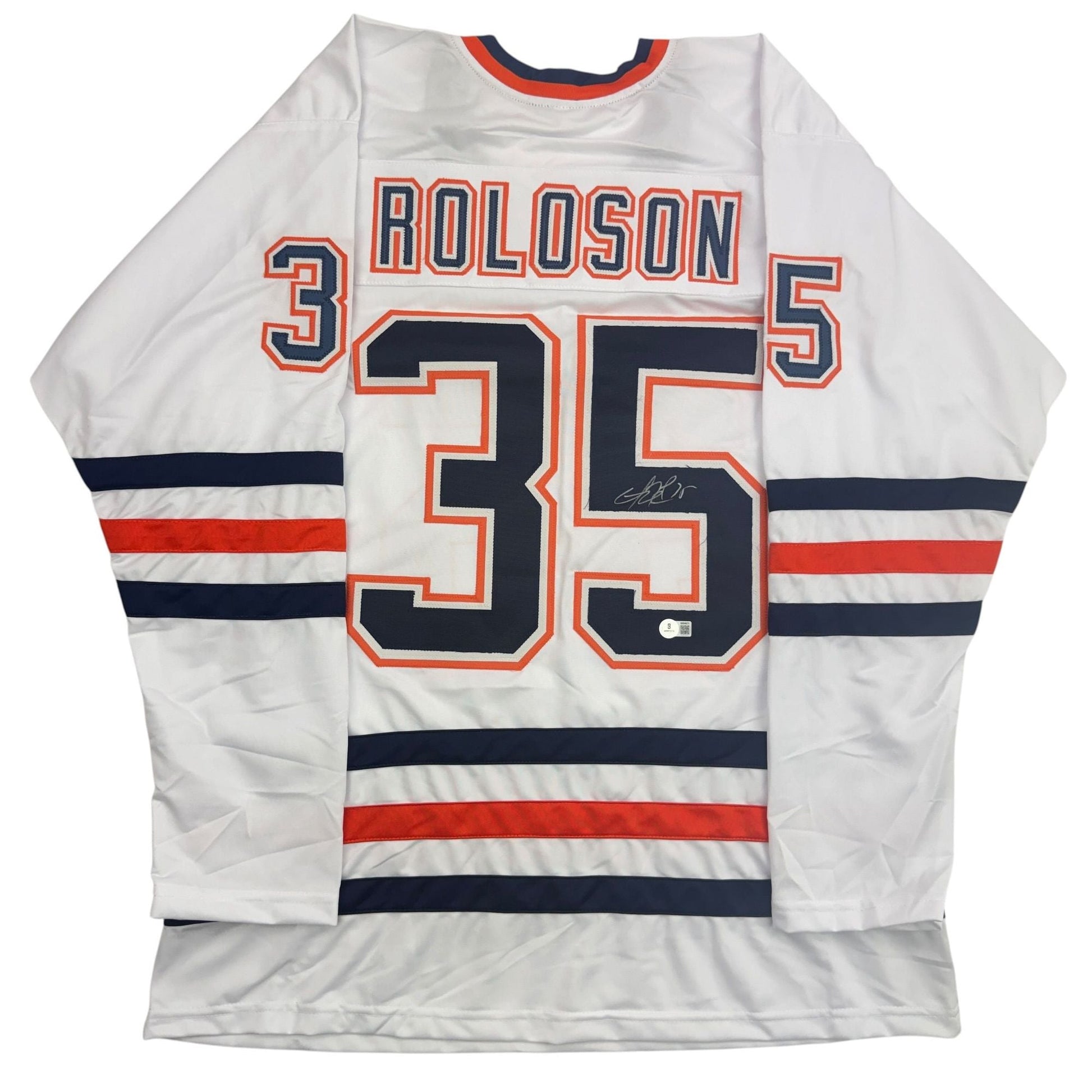 Autographed/Signed Dwayne Roloson Edmonton White Hockey Jersey Beckett BAS COA