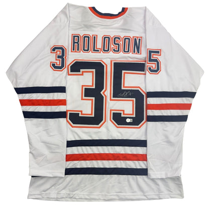 Autographed/Signed Dwayne Roloson Edmonton White Hockey Jersey Beckett BAS COA