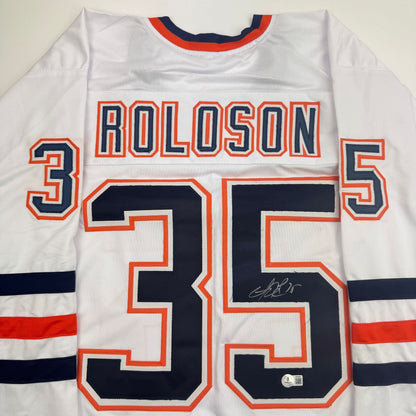 Autographed/Signed Dwayne Roloson Edmonton White Hockey Jersey Beckett BAS COA