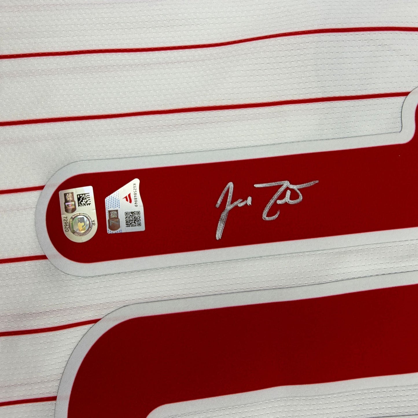 Autographed/Signed JT Realmuto Philadelphia Phillies Pinstripe Authentic Baseball Jersey Fanatics & MLB COA
