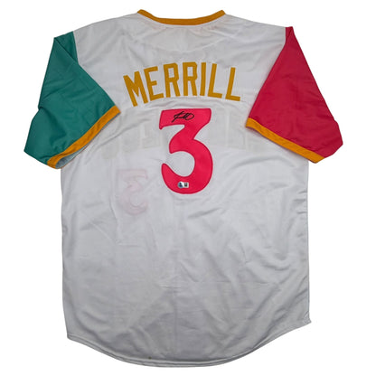 Autographed/Signed Jackson Merrill San Diego White City Connect Baseball Jersey Beckett BAS COA