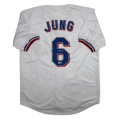 Autographed/Signed Josh Jung Texas White Baseball Jersey Beckett BAS COA