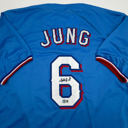 Autographed/Signed Josh Jung Texas Light Blue Baseball Jersey Beckett BAS COA