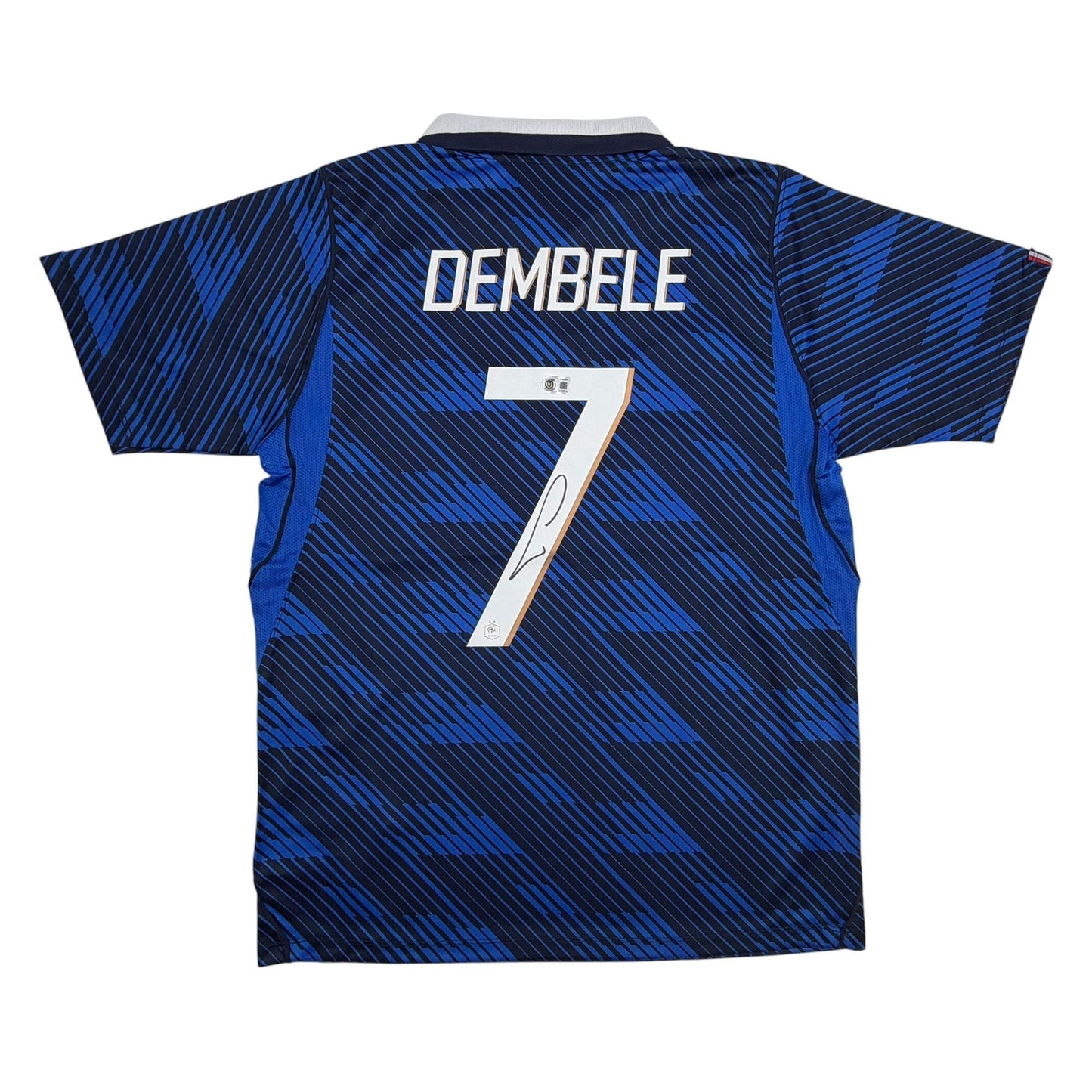Autographed/Signed Ousmane Dembele France Blue Soccer Futbol Jersey Beckett BAS COA