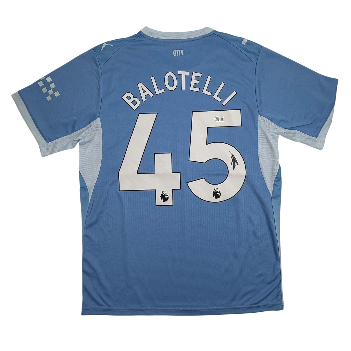 Autographed/Signed Mario Balotelli Manchester City Blue Soccer Futbol Jersey Beckett BAS COA