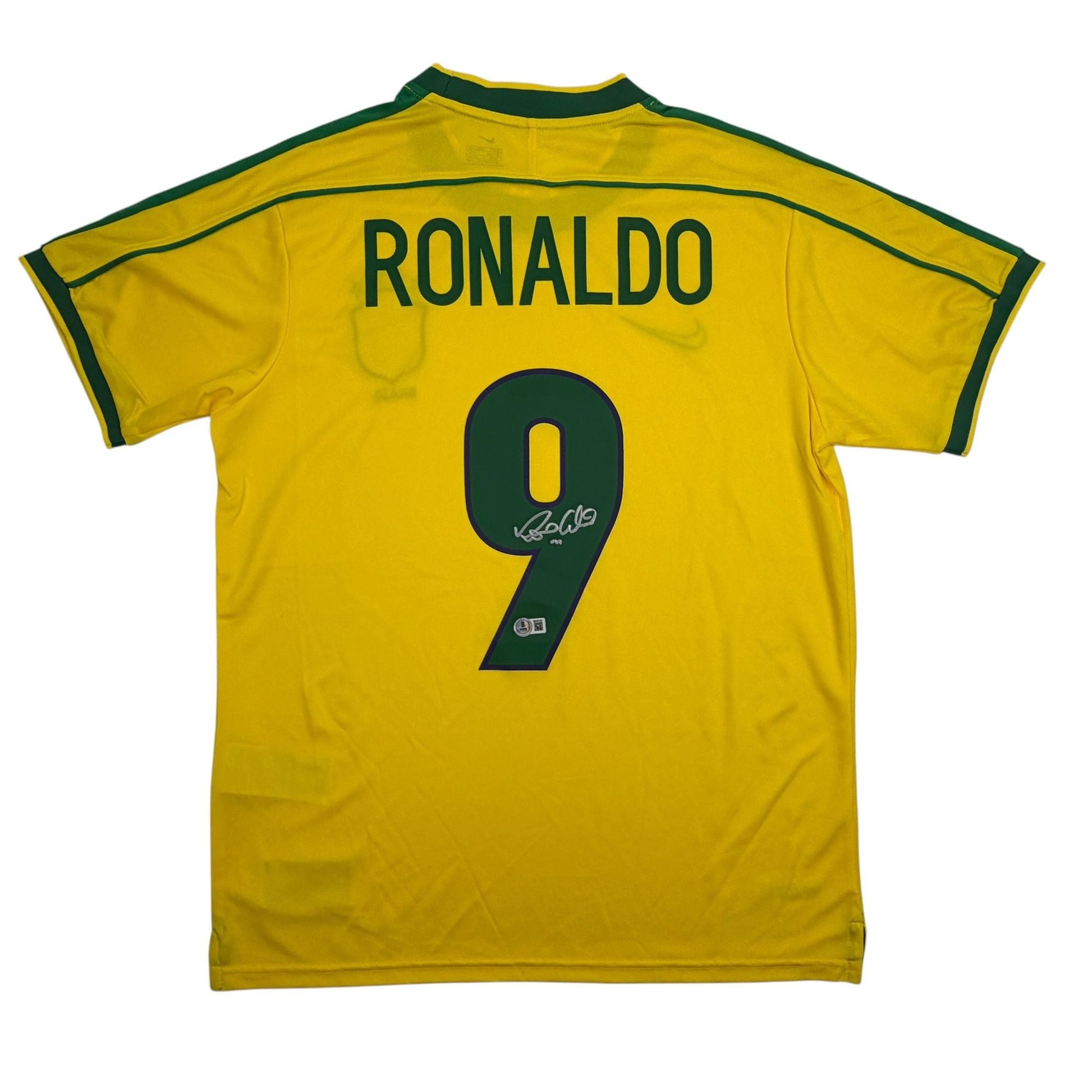 Autographed/Signed Ronaldo Nazario Brazil Yellow Soccer Jersey Beckett BAS COA #2