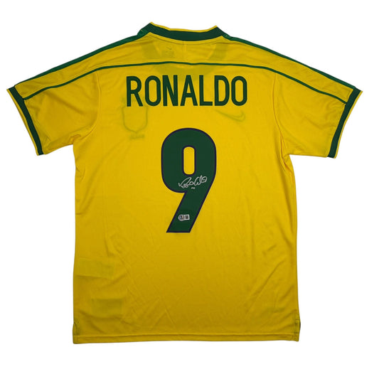 Autographed/Signed Ronaldo Nazario Brazil Yellow Soccer Jersey Beckett BAS COA #2