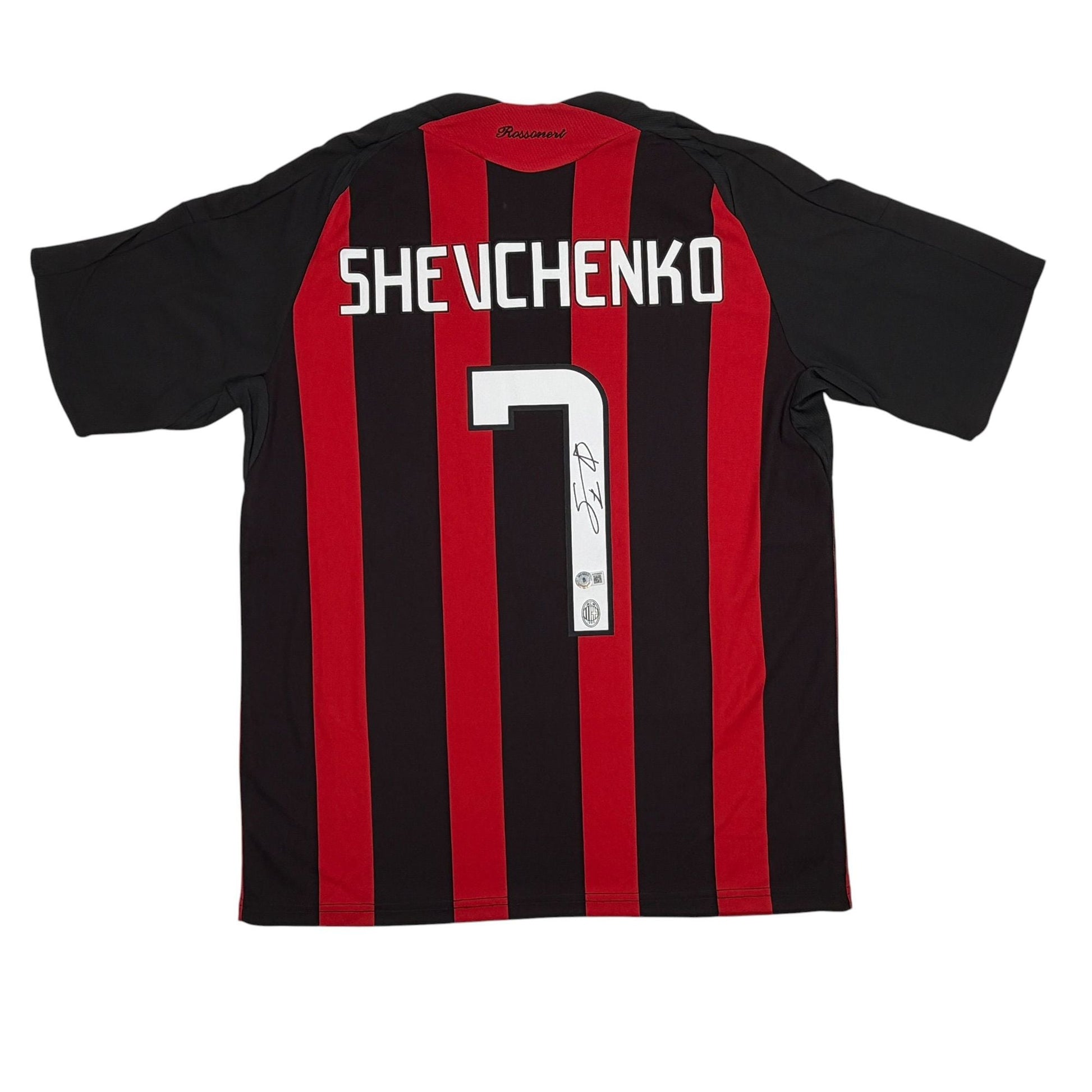 Autographed/Signed Andriy Shevchenko AC Milan Red Soccer Futbol Jersey Beckett BAS COA
