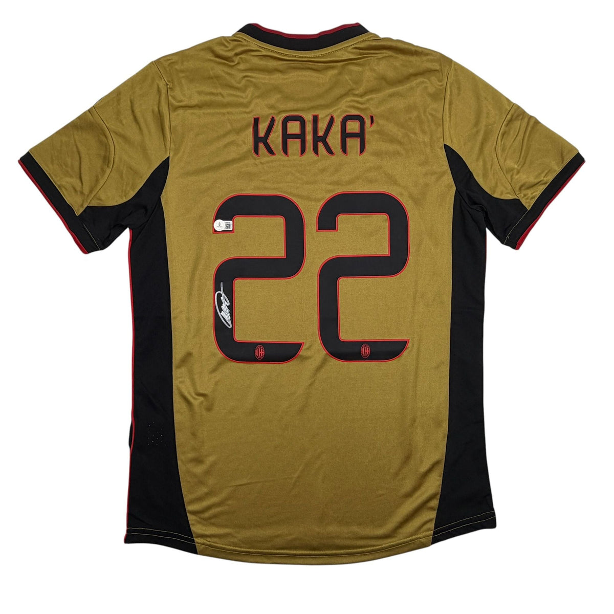 Autographed/Signed Ricardo Kaka AC Milan Gold Soccer Futbol Jersey Beckett BAS COA
