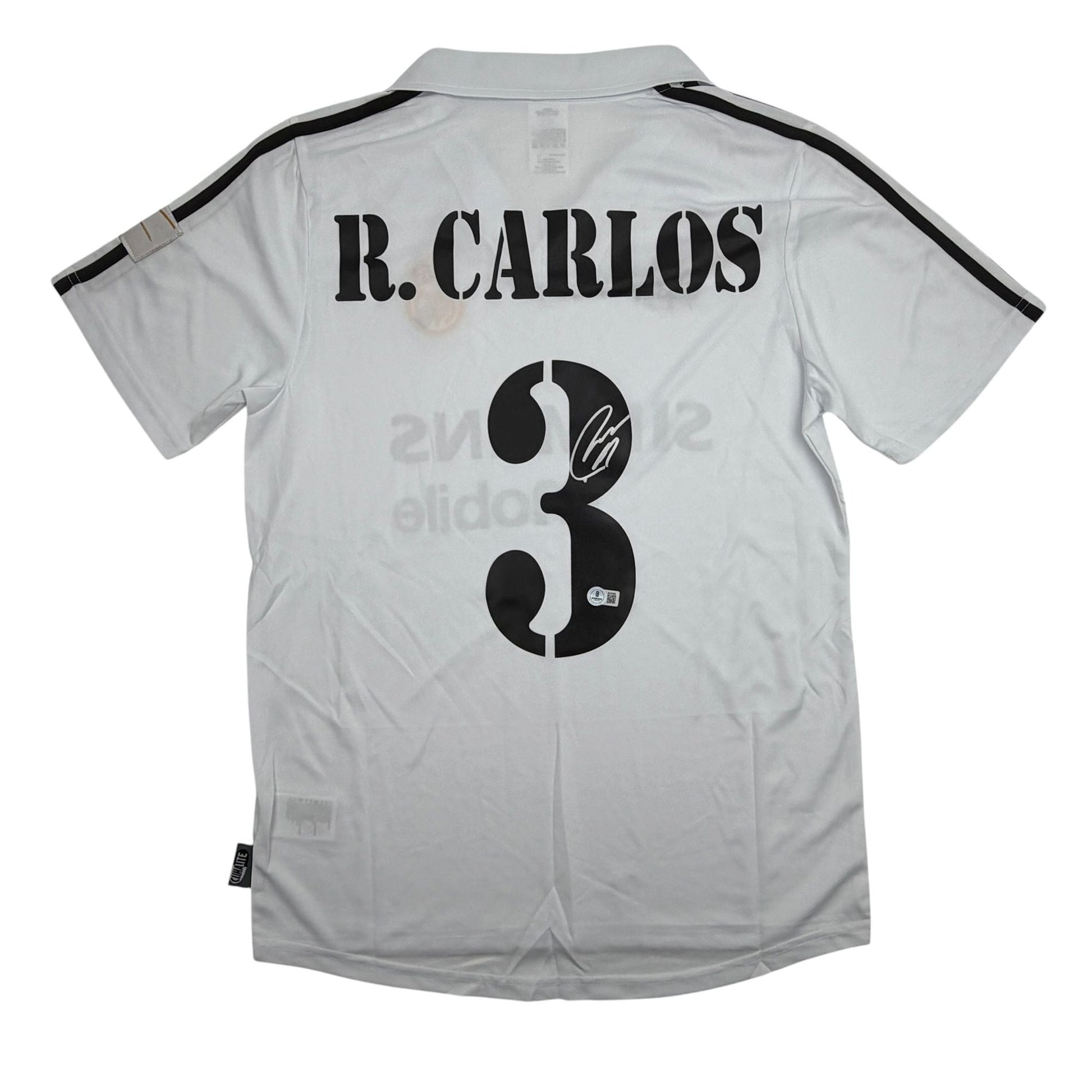 Autographed/Signed Roberto Carlos Real Madrid White/Black Soccer Jersey Beckett BAS COA