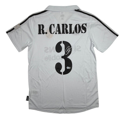 Autographed/Signed Roberto Carlos Real Madrid White/Black Soccer Jersey Beckett BAS COA