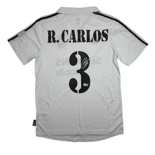 Autographed/Signed Roberto Carlos Real Madrid White/Black Soccer Jersey Beckett BAS COA