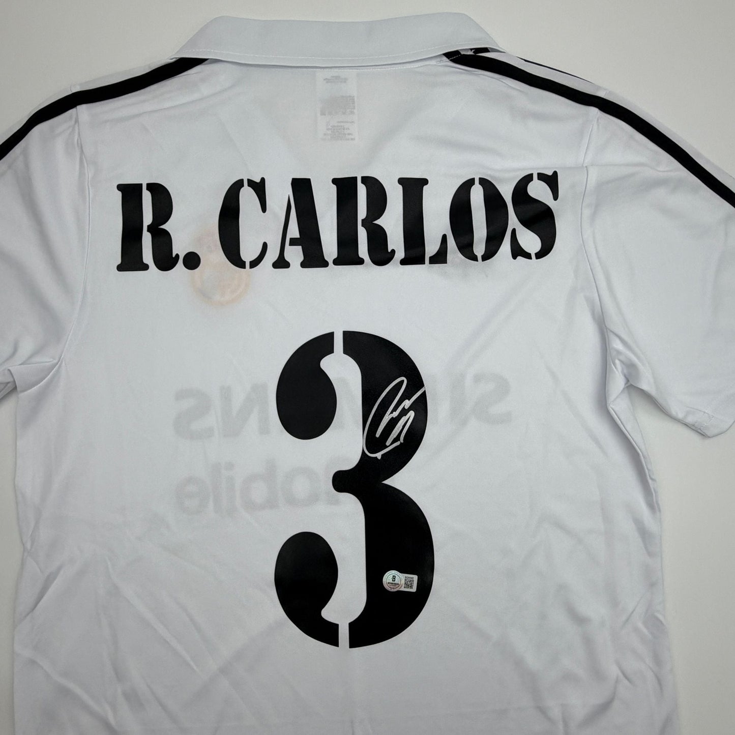 Autographed/Signed Roberto Carlos Real Madrid White/Black Soccer Jersey Beckett BAS COA