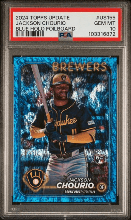 Graded 2024 Topps Update Jackson Chourio #US155 Blue Holo Foilboard /999 Rookie RC Baseball Card PSA 10 Gem Mint