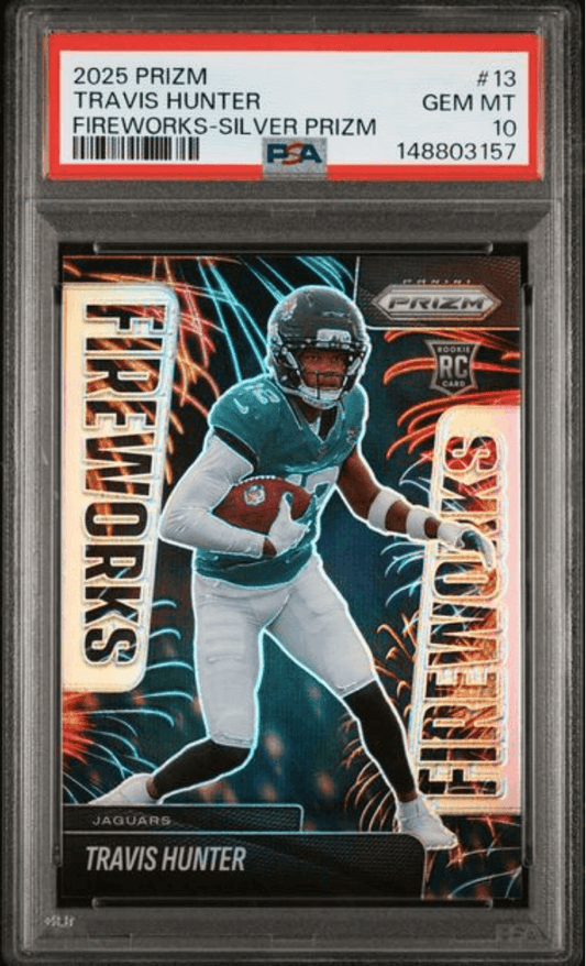 Graded 2025 Panini Prizm Travis Hunter #13 Fireworks Silver Rookie RC Football Card PSA 10 Gem Mint