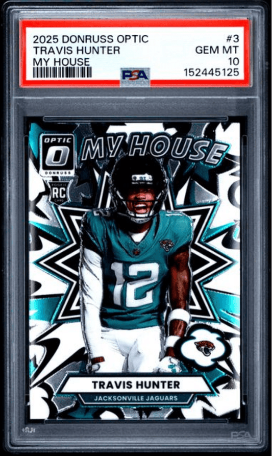 Graded 2025 Panini Donruss Optic Travis Hunter #3 My House Rookie RC Football Card PSA 10 Gem Mint