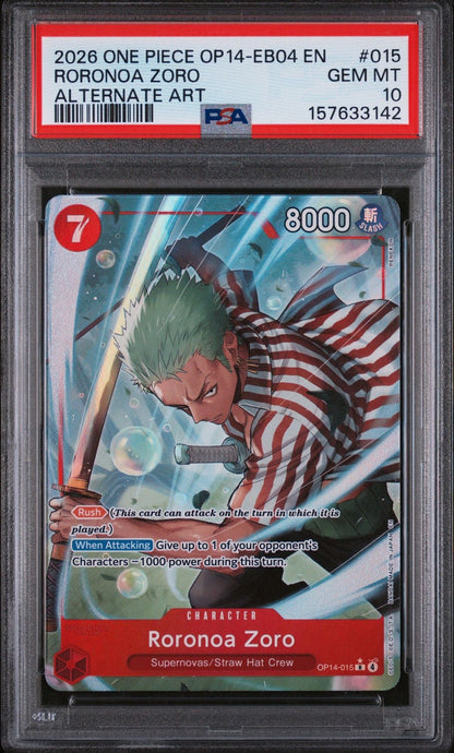 Graded 2026 One Piece Roronoa Zoro #015 Alternate Art Trading Card Game PSA 10 Gem Mint