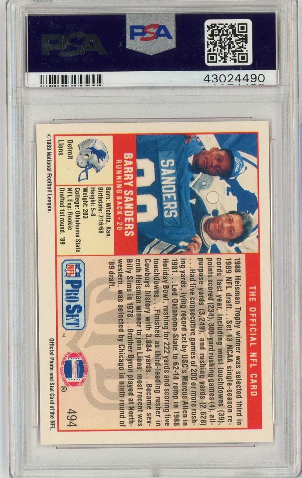 Graded 1989 Pro Set Barry Sanders #494 Rookie RC Football Card PSA 10 Gem Mint
