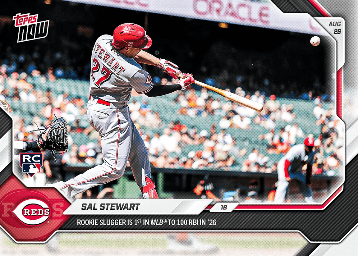2026 Topps Now Sal Stewart #597 Rookie Slugger is 1st in MLB to 100 RBI in '26 Cincinnati Reds Rookie RC Baseball Card