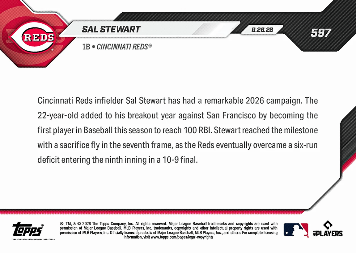 2026 Topps Now Sal Stewart #597 Rookie Slugger is 1st in MLB to 100 RBI in '26 Cincinnati Reds Rookie RC Baseball Card