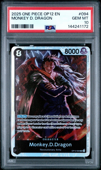 Graded 2025 One Piece OP12 Monkey D. Dragon #094 Legacy of The Master Trading Card Game PSA 10 Gem Mint