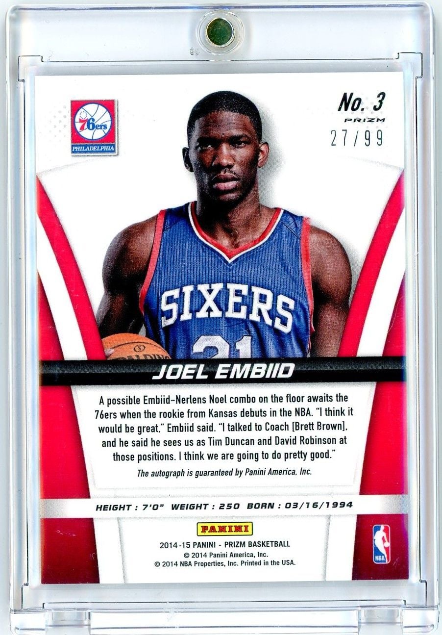 2014 Panini Prizm Joel Embiid #3 Purple Prizm Rookie Auto /99 Rookie RC Basketball Card