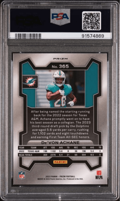 Graded 2023 Panini Prizm Devon Achane #365 Green Wave Rookie RC Football Card PSA 10 Gem Mint